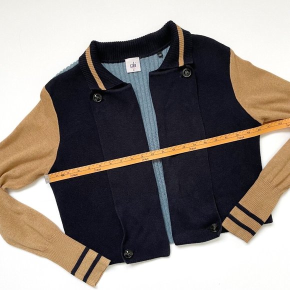 Cabi Turn Back Cardigan Sweater Open Front Medium Academia Navy Tan Chunky Knit - Picture 15 of 16